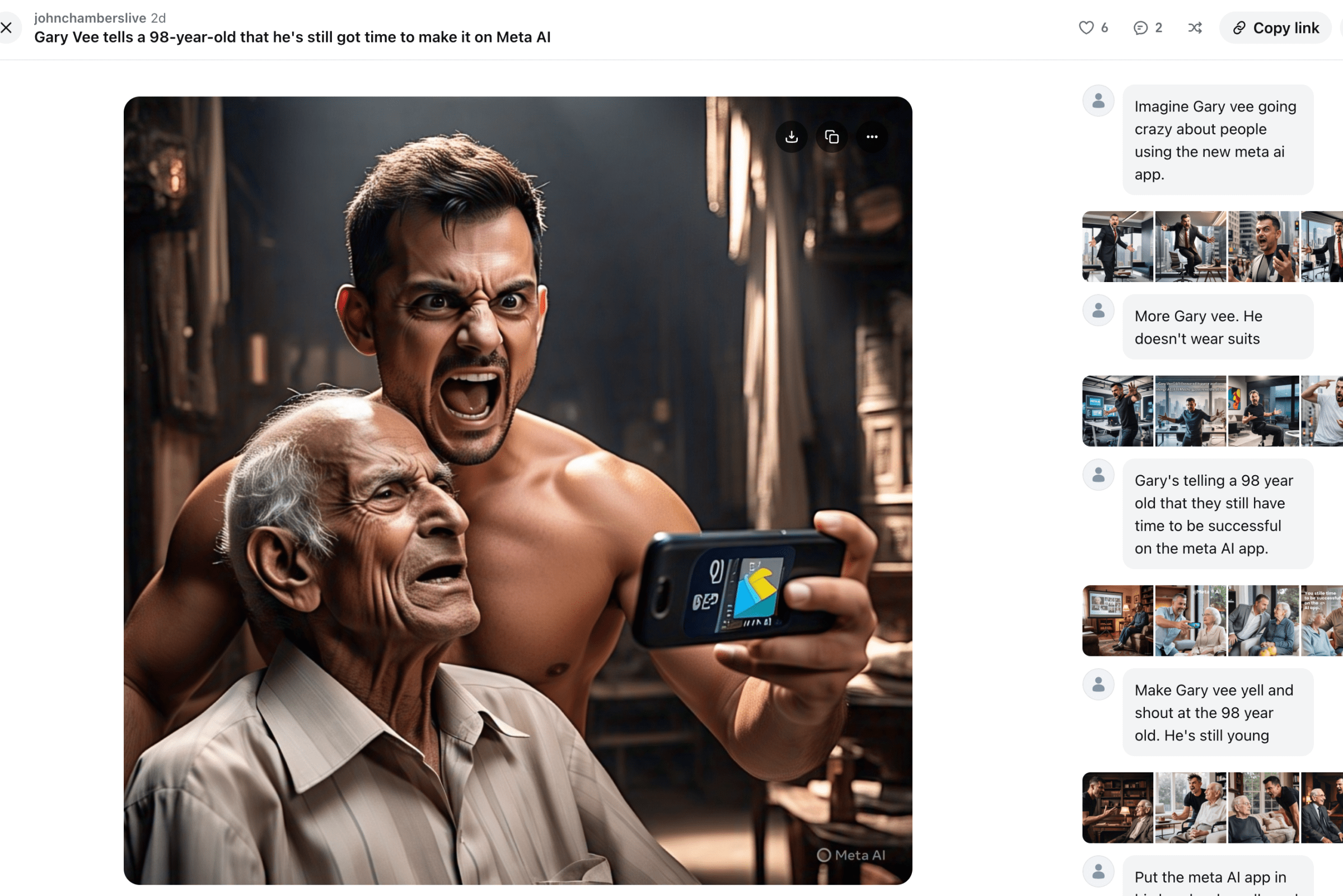 Screenshot of Meta AI social feed that shows an AI-generated image of Gary Vee yelling at an old man.